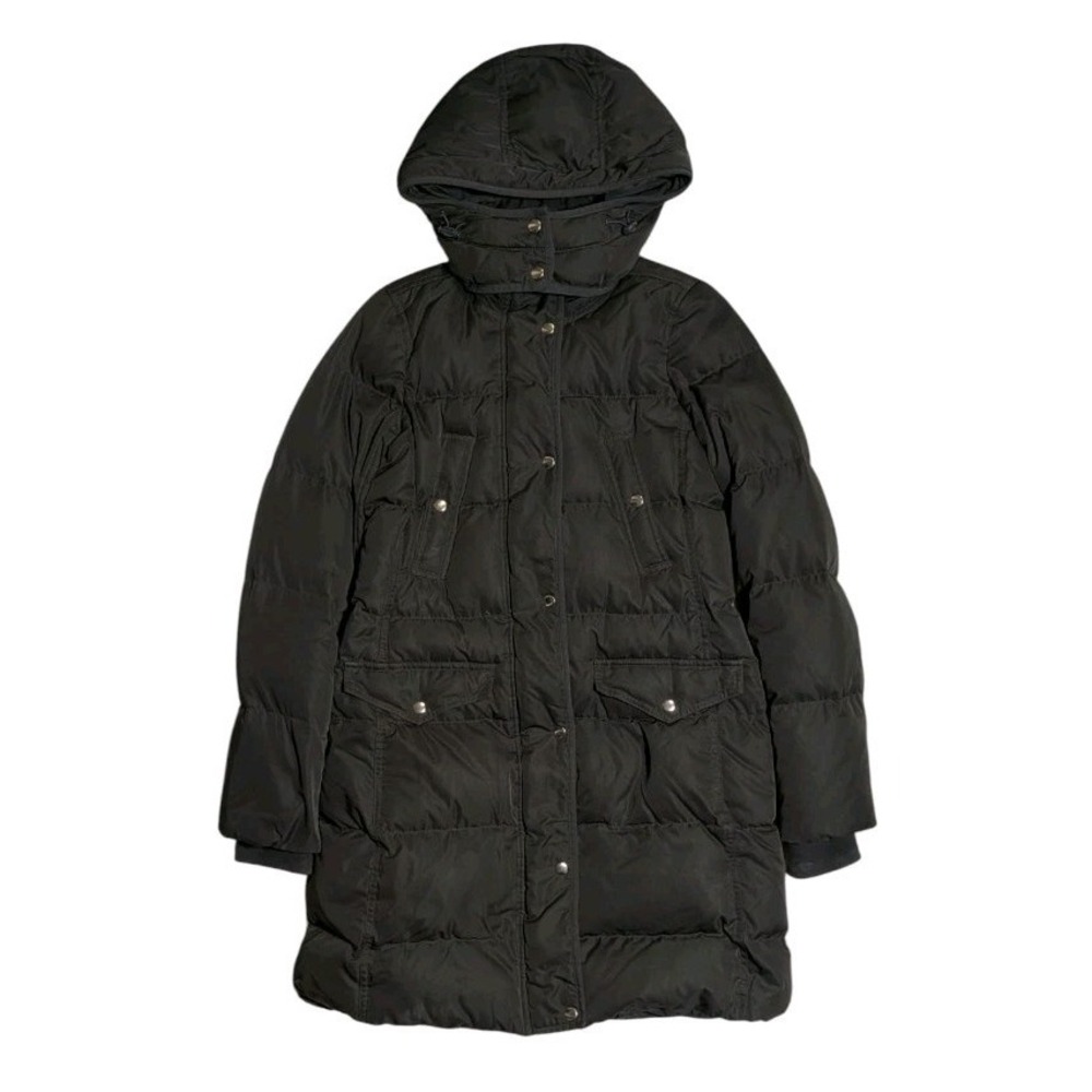 J Crew Coat Down Puffer Womens Size TS Tall Small Black Hooded Long - No Belt